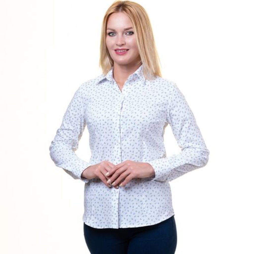 White And Blue Floral Button Up Shirts - Floral Long Sleeve Cotton Shirt